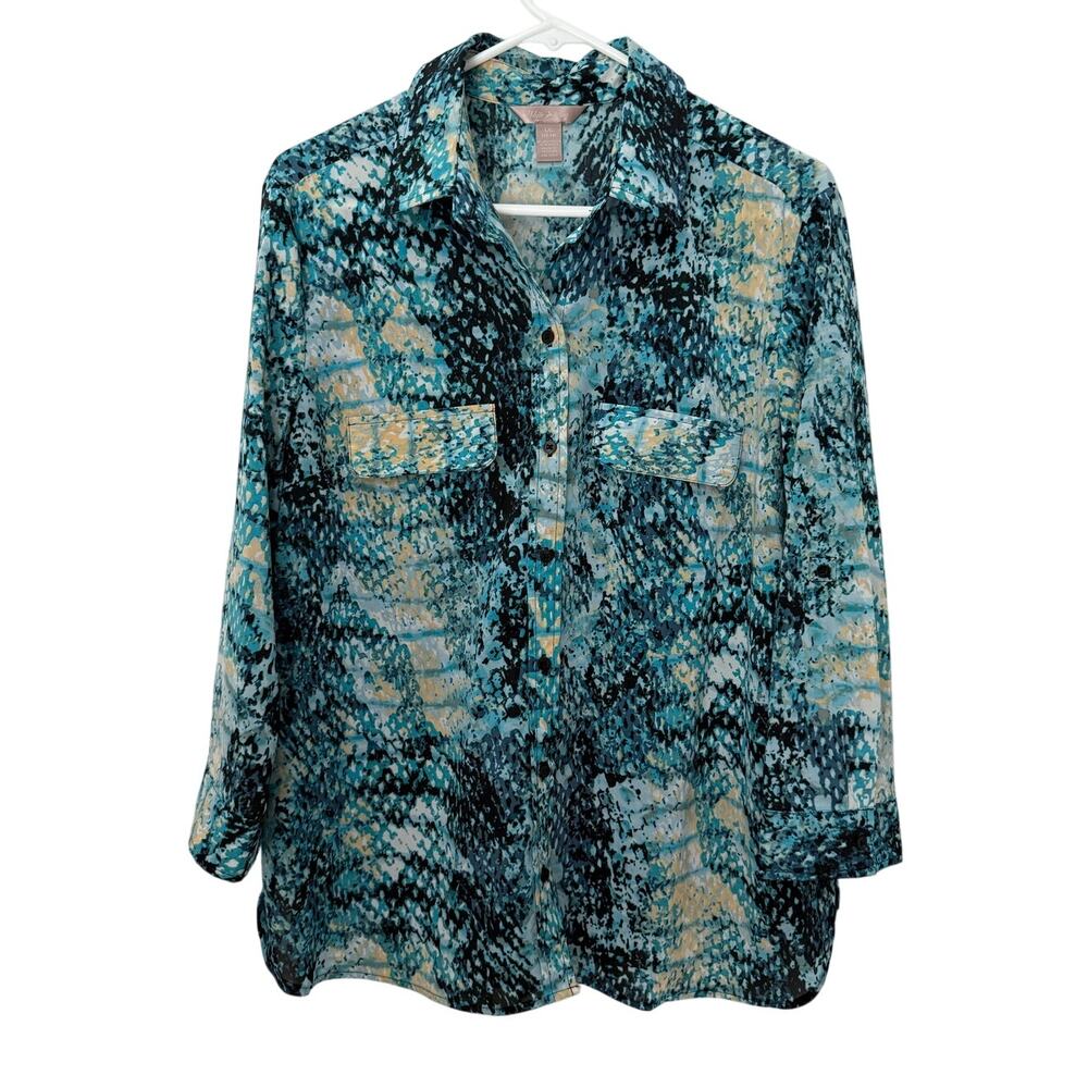 Women Button Down Blue Snakeskin Print Blouse – Size Large